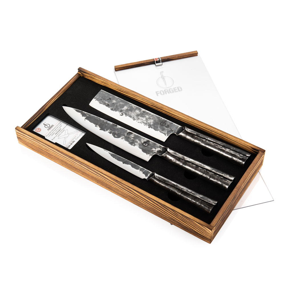 FORGED Brute - 3-dílná sada nožů: kuchařský nůž, japonský nůž na zeleninu, univerzální nůž